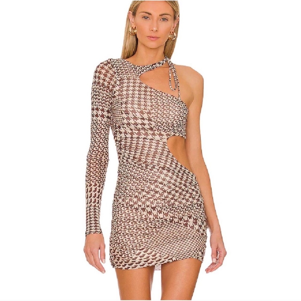 Camila Coelho One Shoulder Mini Dress XS Ganya Houndstooth Cutout Ruched Mesh